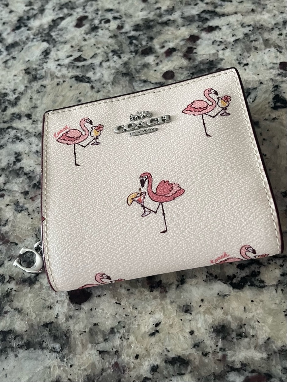 COACH Pink Flamingo Print Leather Card Holder Wallet